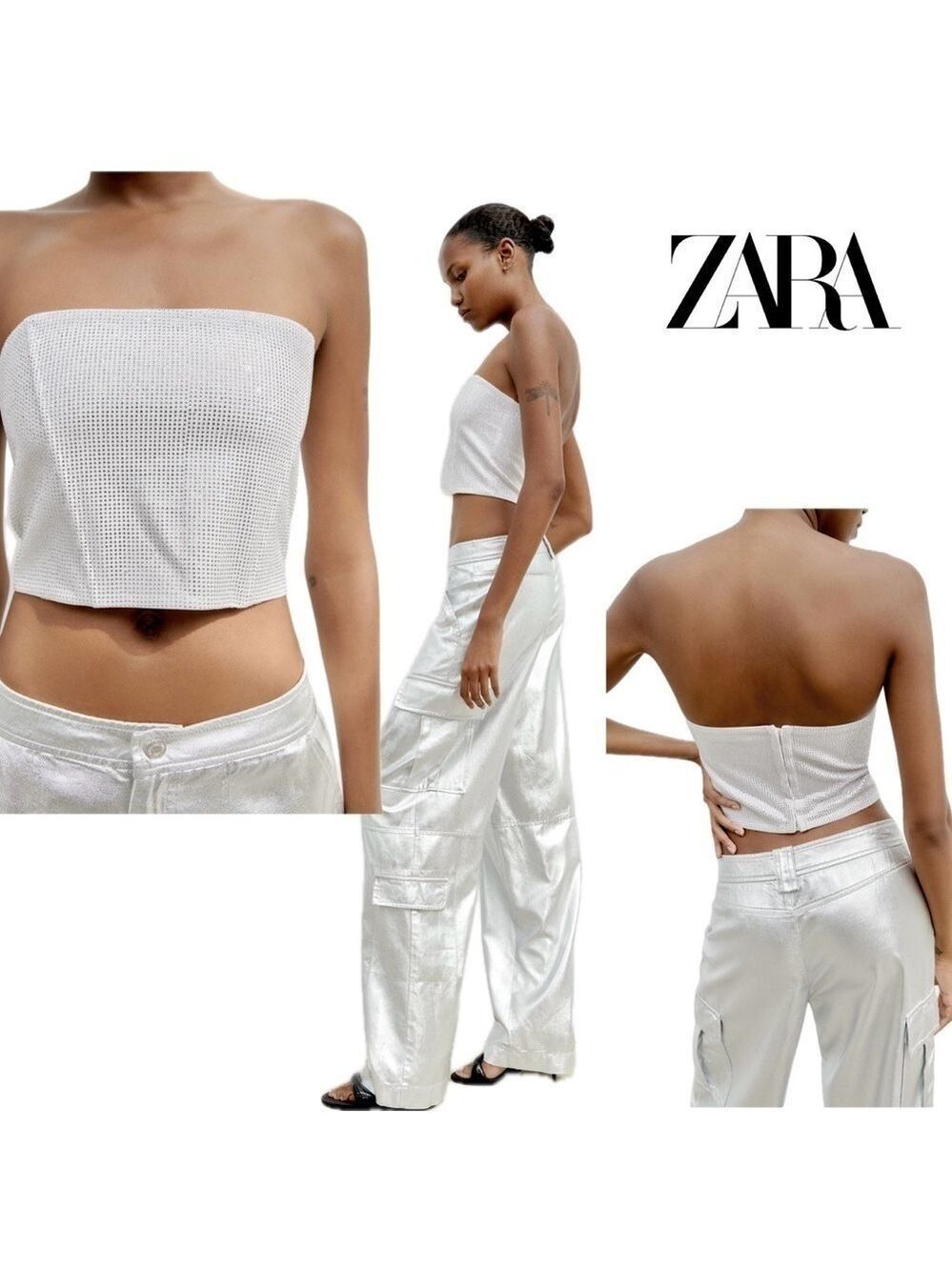 Zara white silver Crystal rhinestone embellished strapless bustier crop top Sz L